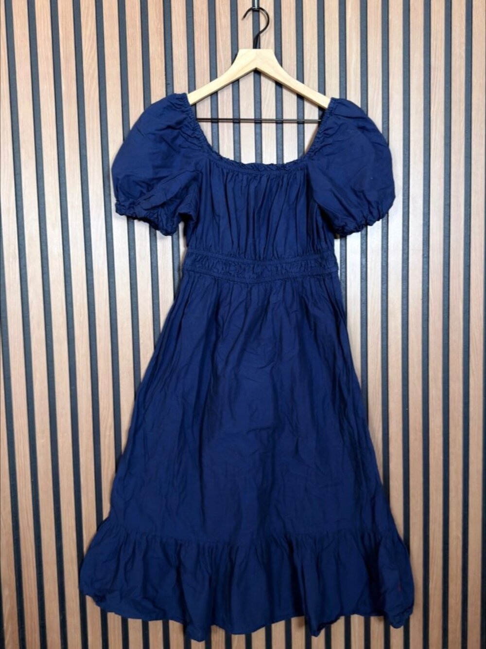 Dizzy Lizzy Dress Large Womens Blue Navy Babydoll Midi Puff Sleeve Drop Waist